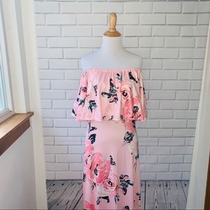 Pink Floral Long Maxi Off the Shoulder Dress